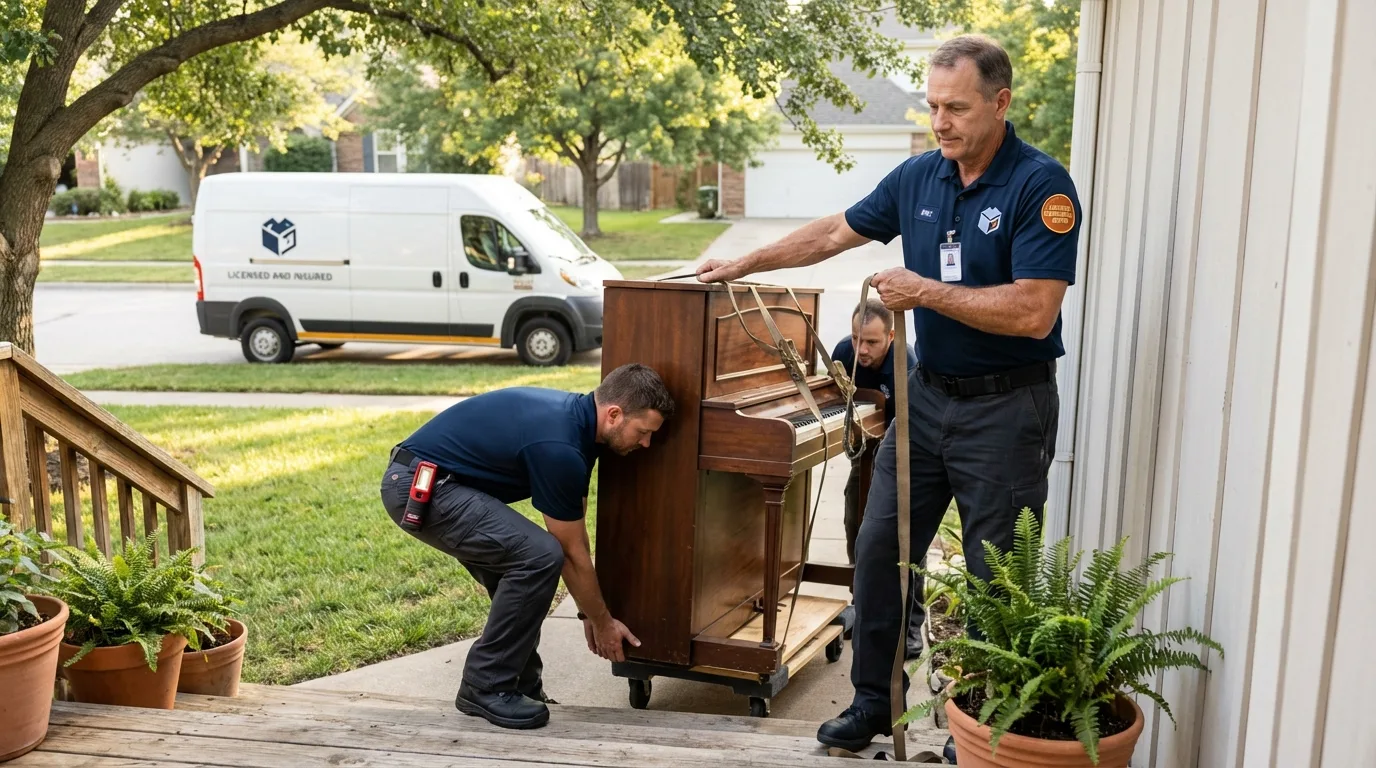 Licensed piano movers securing grand piano in Atco, NJ