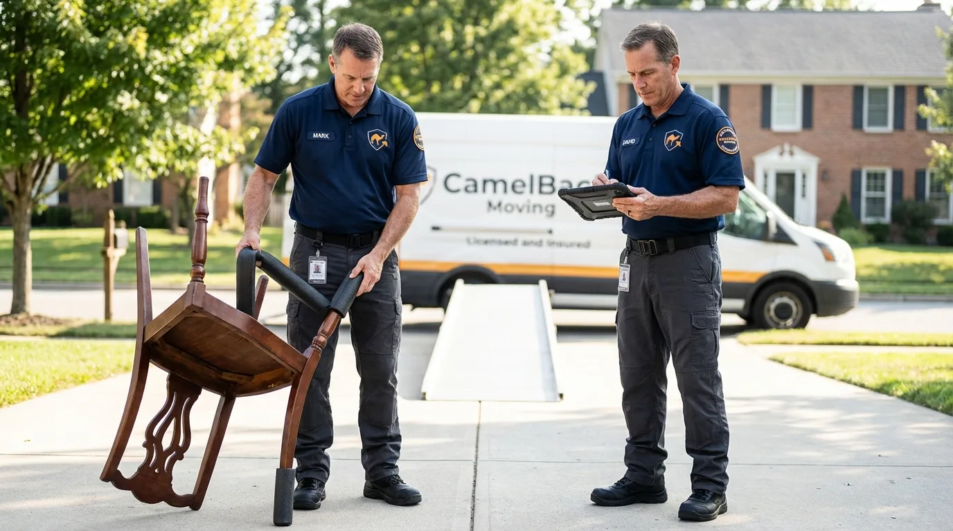 Movers inspecting furniture for damage prevention before loading in Atco, NJ